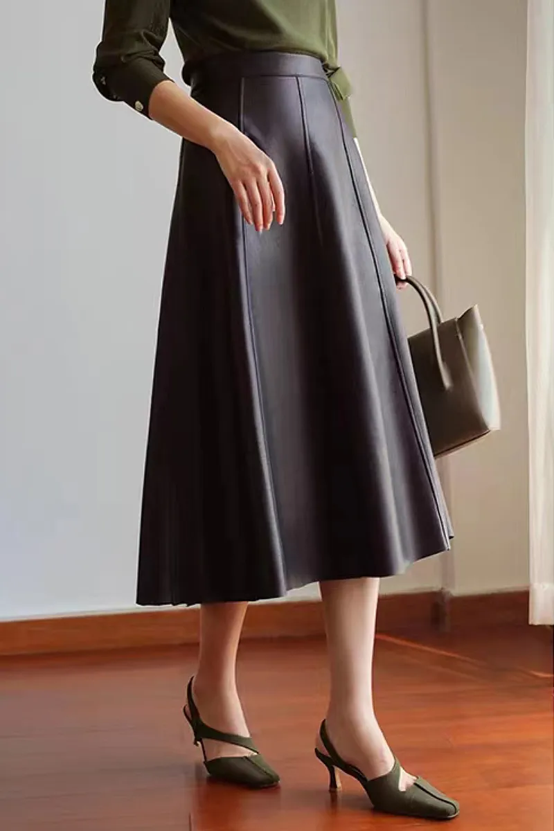 Real Leather Reconstructed High-Waist A-Line Midi Skirt