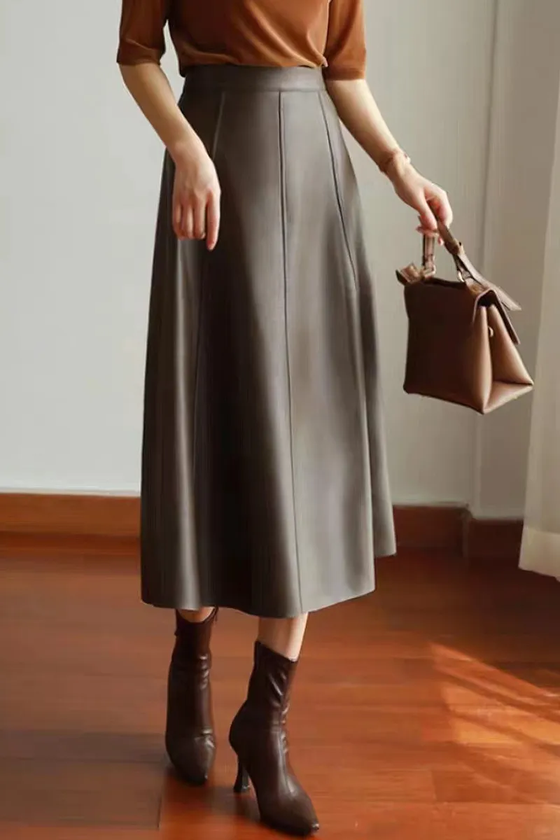 Real Leather Reconstructed High-Waist A-Line Midi Skirt