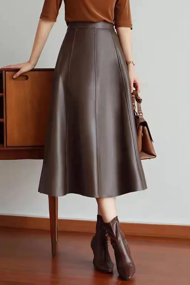 Real Leather Reconstructed High-Waist A-Line Midi Skirt