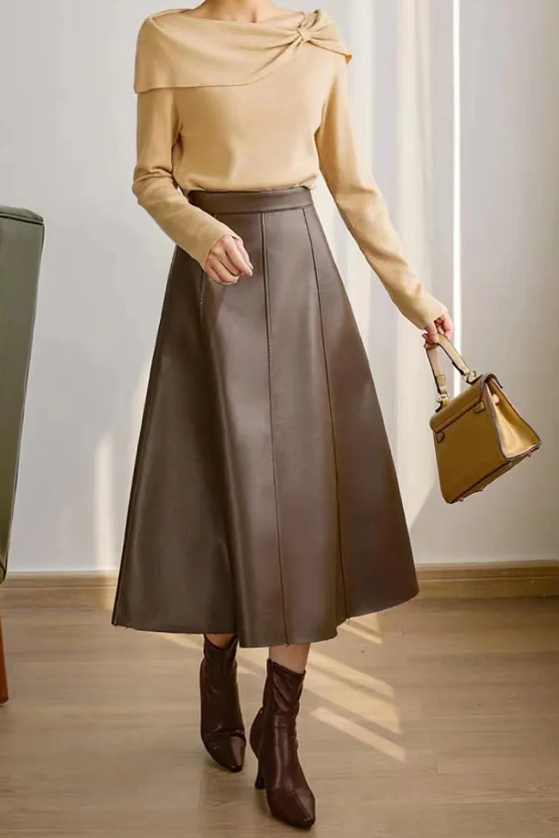 Real Leather Reconstructed High-Waist A-Line Midi Skirt