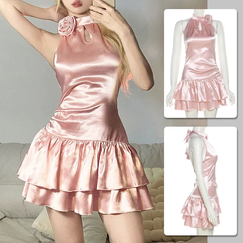 Sexy Silver Suspender Halterneck Dress (pink)