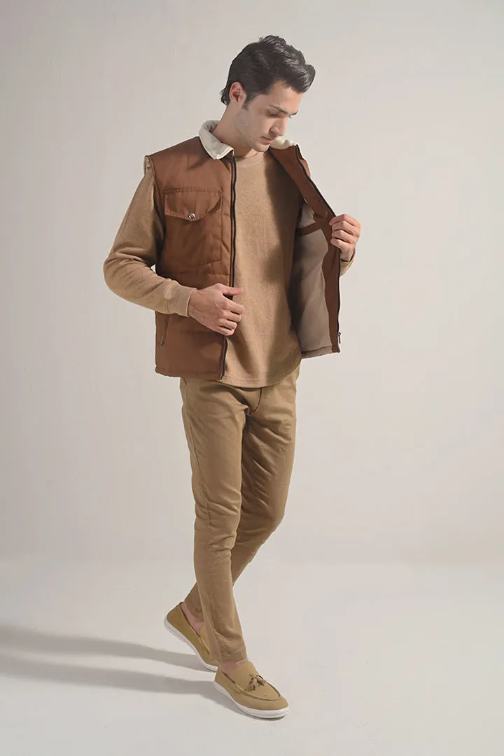 Sleeveless Cotton Jacket - Brown