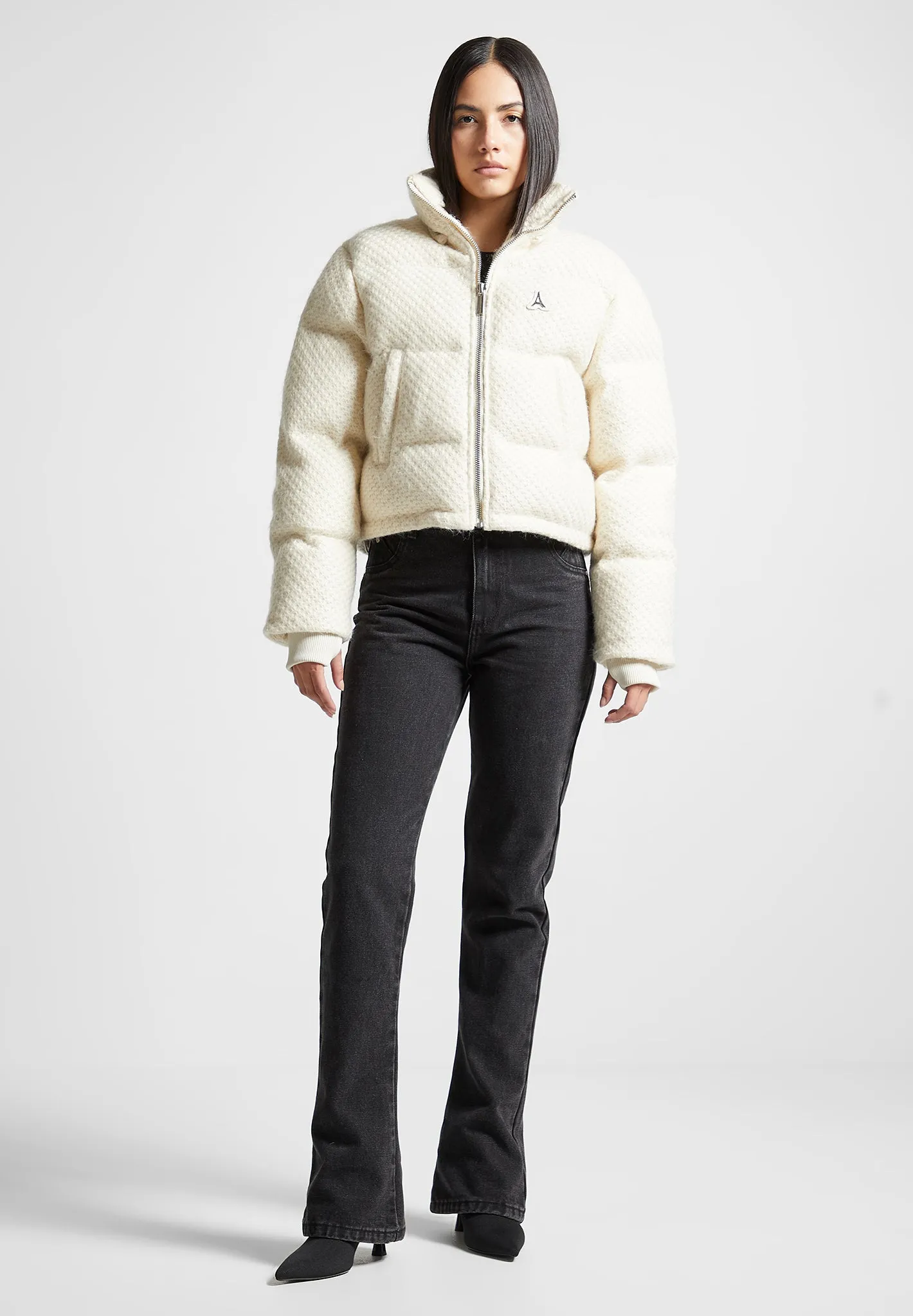 Textured Knit Puffer Jacket - Cream