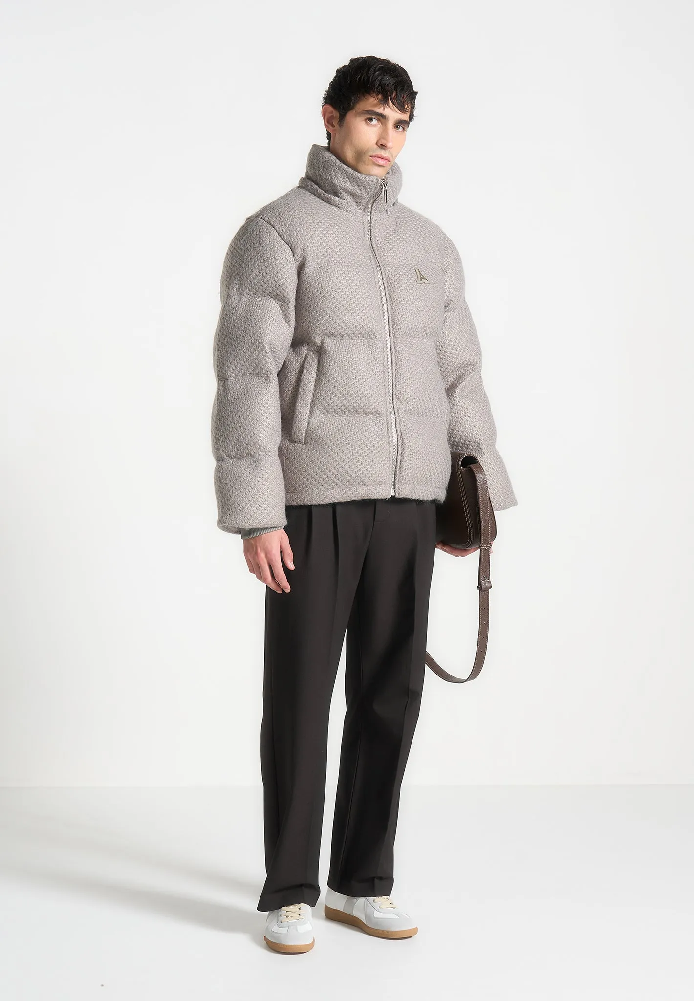 Textured Knit Puffer Jacket - Grey