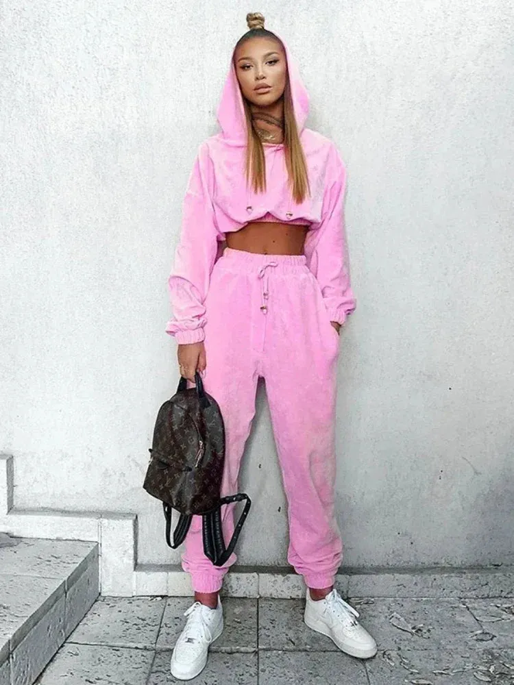 Thick Warm Cozy Fleece Crop Hoodie Tracksuits