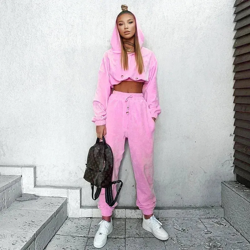 Thick Warm Cozy Fleece Crop Hoodie Tracksuits