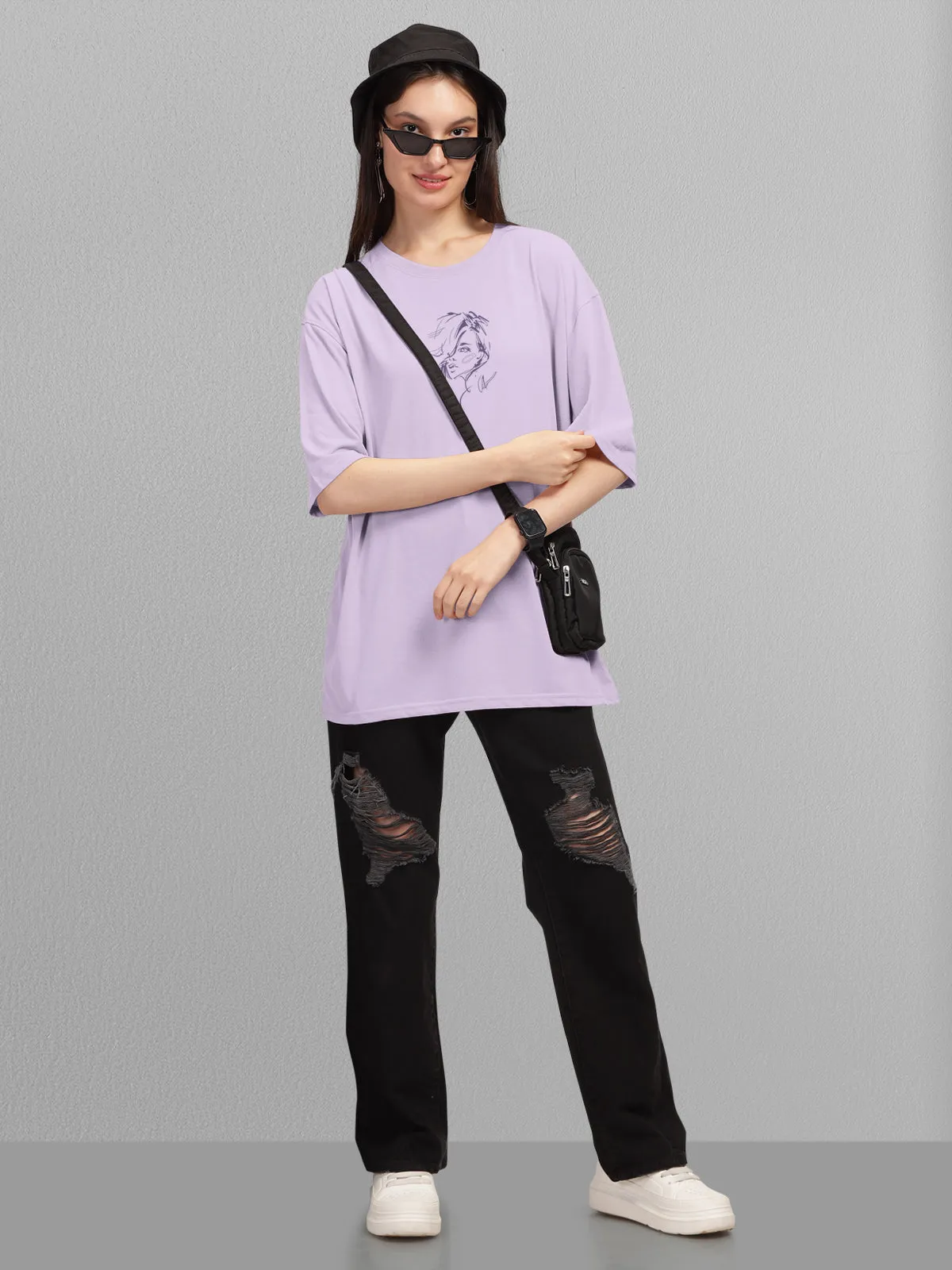 Trendy Lavender Printed Oversized T-shirt for Women