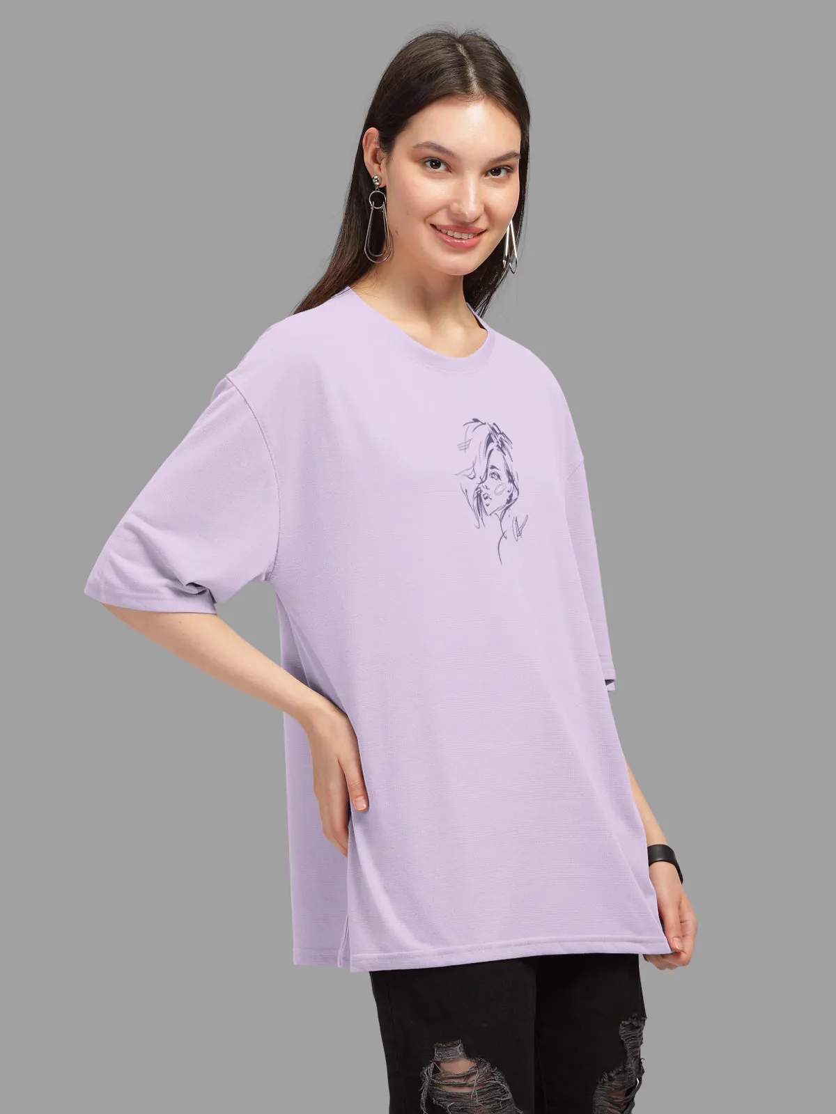 Trendy Lavender Printed Oversized T-shirt for Women