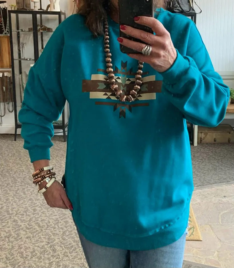 Turquoise Aztec Fleece Lined Sweatshirt - Extra Small to 3X