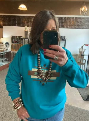 Turquoise Aztec Fleece Lined Sweatshirt - Extra Small to 3X