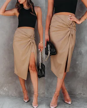 Twisted Slit PU Leather Asymmetrical Skirt