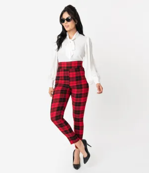 Unique Vintage Red & Black Plaid Stretch High Waist Rizzo Cigarette Pants