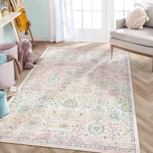 valiant 5'x7' Gray Boho Area Rug,5x7ft Rugs for Bedroom Girls Nursery Area Rugs Soft Floral Playroom Rug, Machine Washable Pastel Rug Non Slip Floor Carpet for Large Living Room Bedroom Carpet Pink 5' x 7'