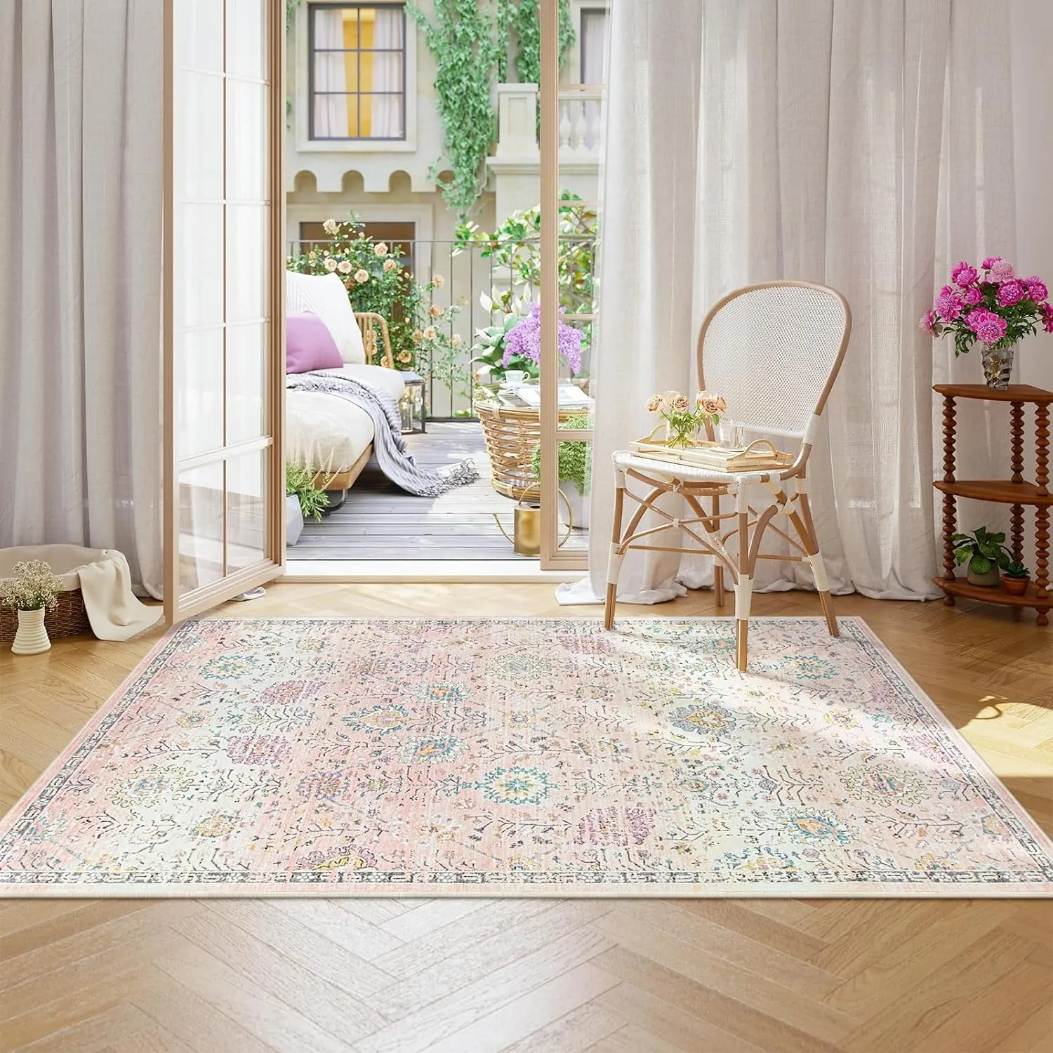 valiant 5'x7' Gray Boho Area Rug,5x7ft Rugs for Bedroom Girls Nursery Area Rugs Soft Floral Playroom Rug, Machine Washable Pastel Rug Non Slip Floor Carpet for Large Living Room Bedroom Carpet Pink 5' x 7'