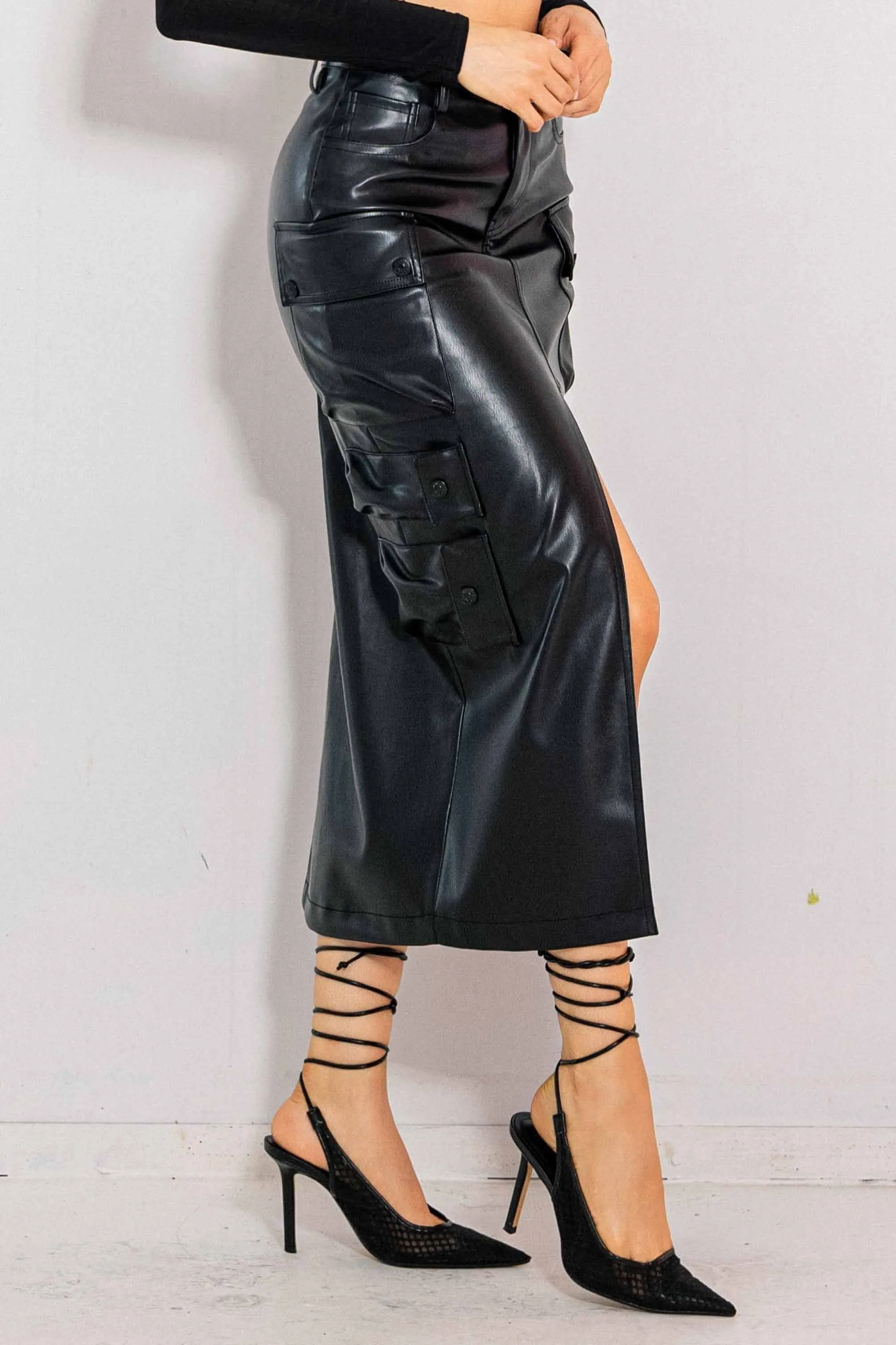 Vegan Leather Cargo Column Skirt