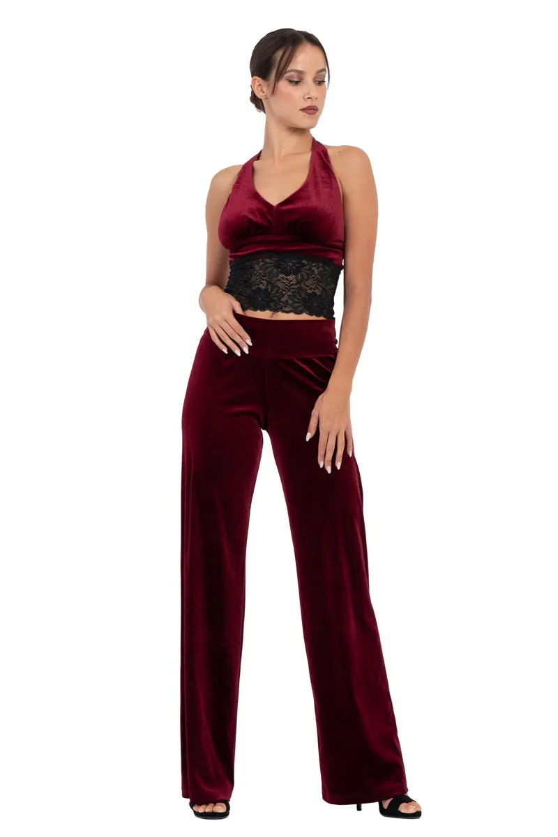 Velvet Halter-neck Tie Crop Top with Black Lace