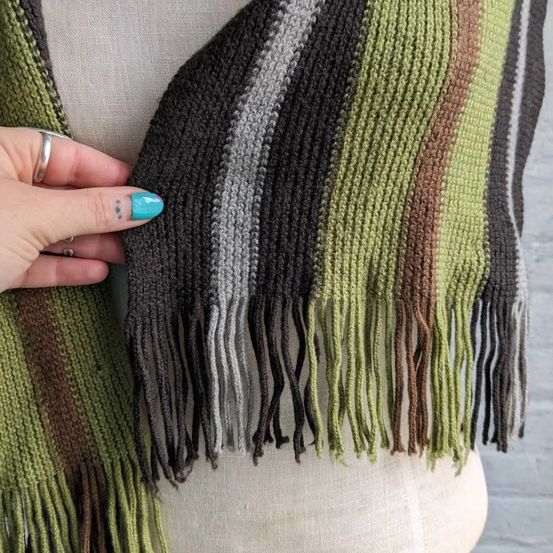 Vintage Earthy Woodsy Forest Green Merino Wool Striped Knit Scarf with Fringe