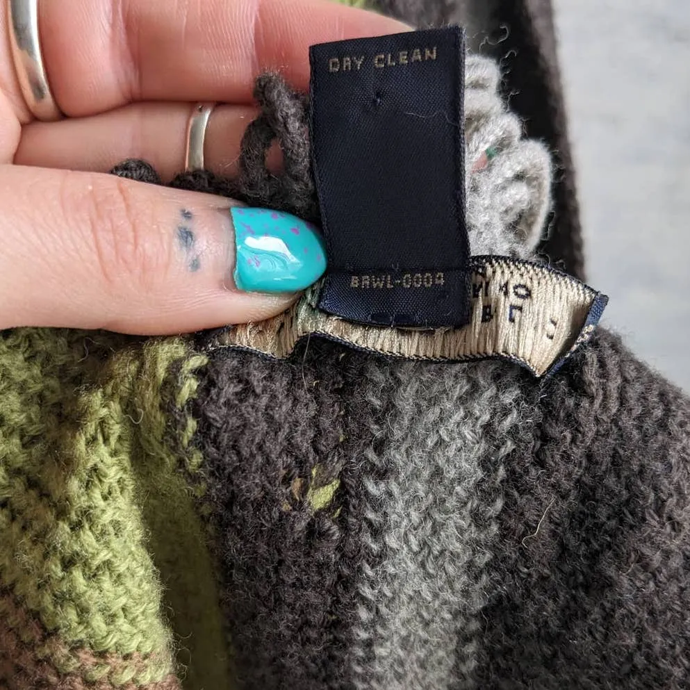 Vintage Earthy Woodsy Forest Green Merino Wool Striped Knit Scarf with Fringe