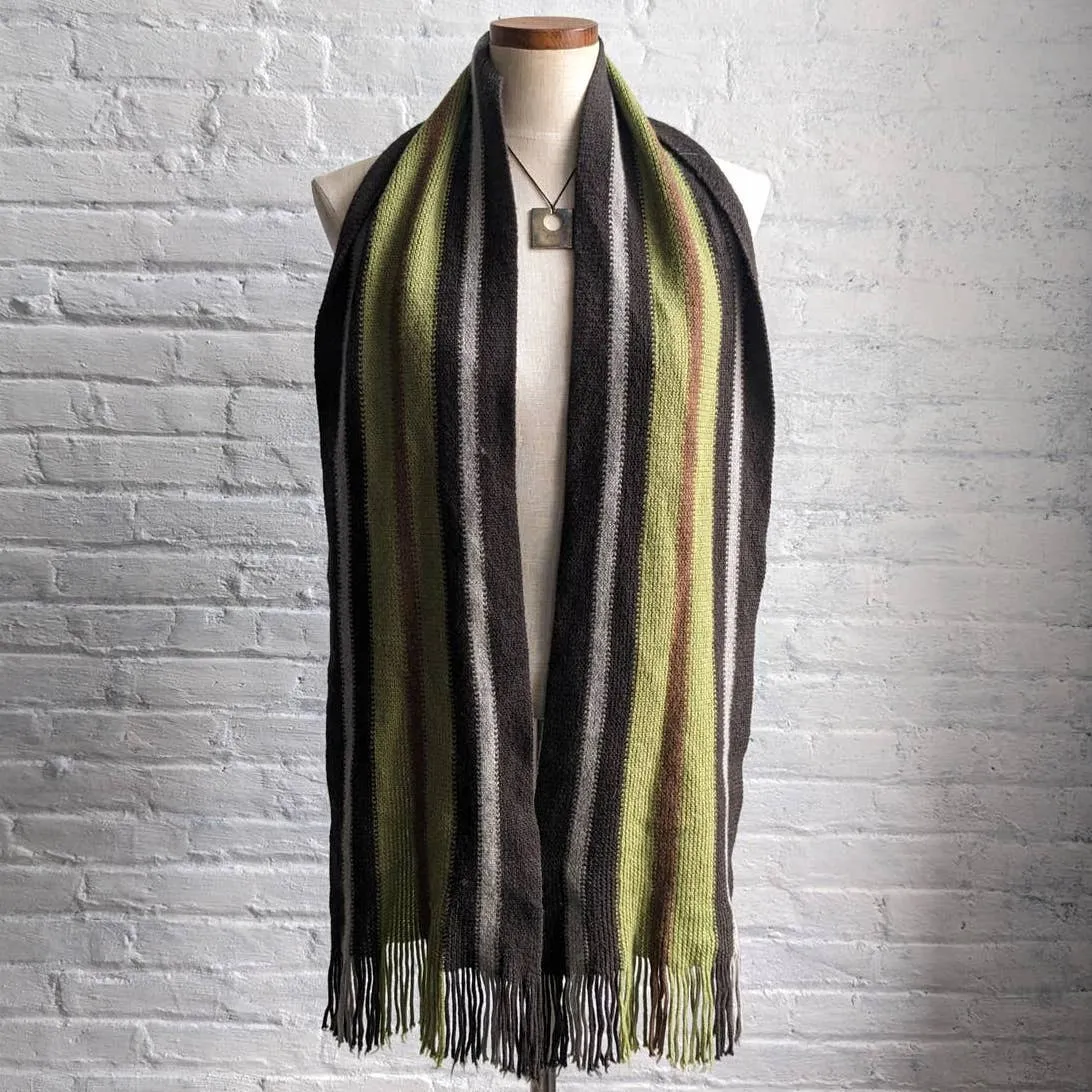 Vintage Earthy Woodsy Forest Green Merino Wool Striped Knit Scarf with Fringe