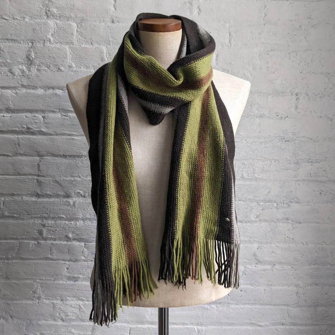 Vintage Earthy Woodsy Forest Green Merino Wool Striped Knit Scarf with Fringe