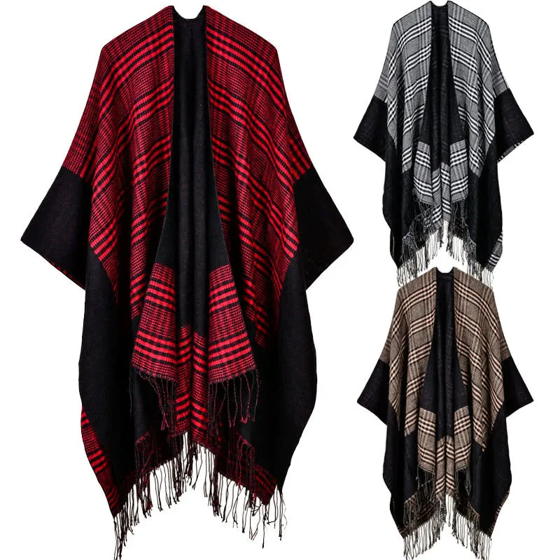 Vintage Women Knitted Shawl Poncho Faux Cashmere Plaid Check Tassel Oversized Warm Long Winter Cape