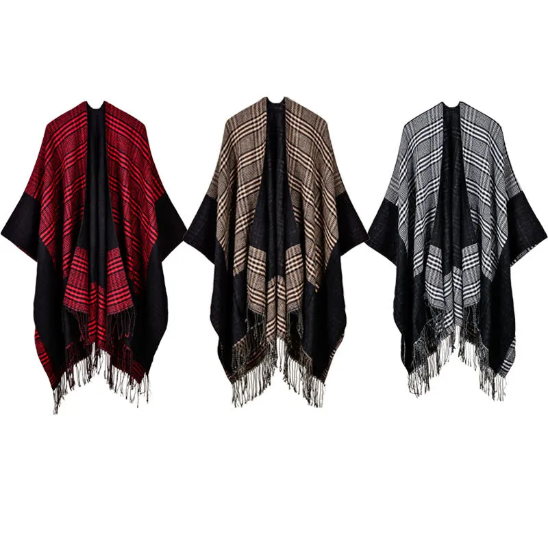 Vintage Women Knitted Shawl Poncho Faux Cashmere Plaid Check Tassel Oversized Warm Long Winter Cape