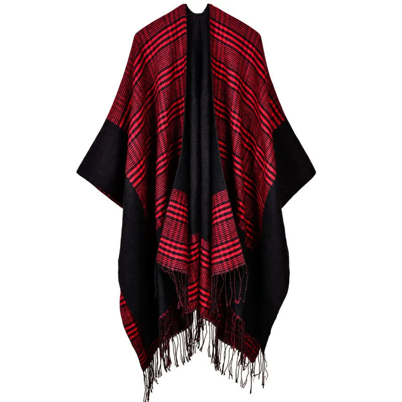 Vintage Women Knitted Shawl Poncho Faux Cashmere Plaid Check Tassel Oversized Warm Long Winter Cape