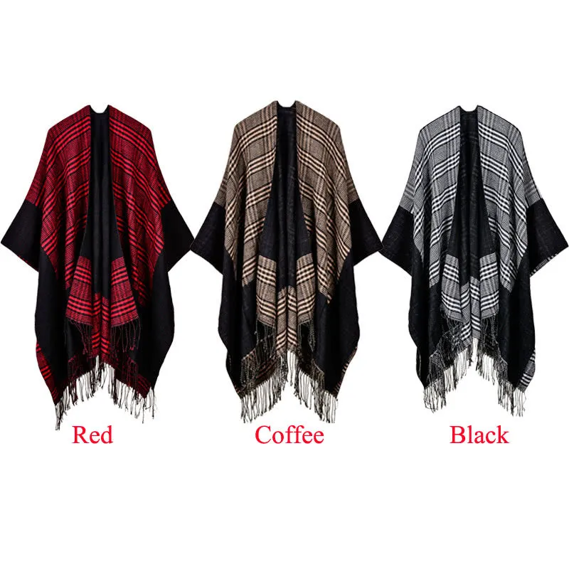 Vintage Women Knitted Shawl Poncho Faux Cashmere Plaid Check Tassel Oversized Warm Long Winter Cape