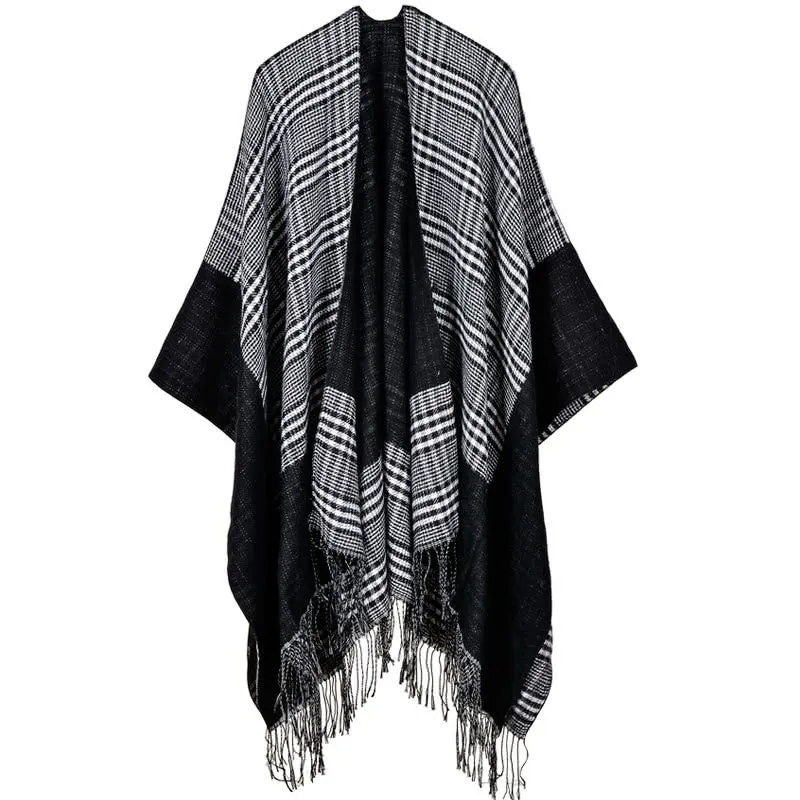 Vintage Women Knitted Shawl Poncho Faux Cashmere Plaid Check Tassel Oversized Warm Long Winter Cape