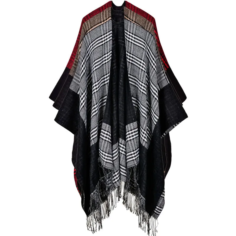 Vintage Women Knitted Shawl Poncho Faux Cashmere Plaid Check Tassel Oversized Warm Long Winter Cape