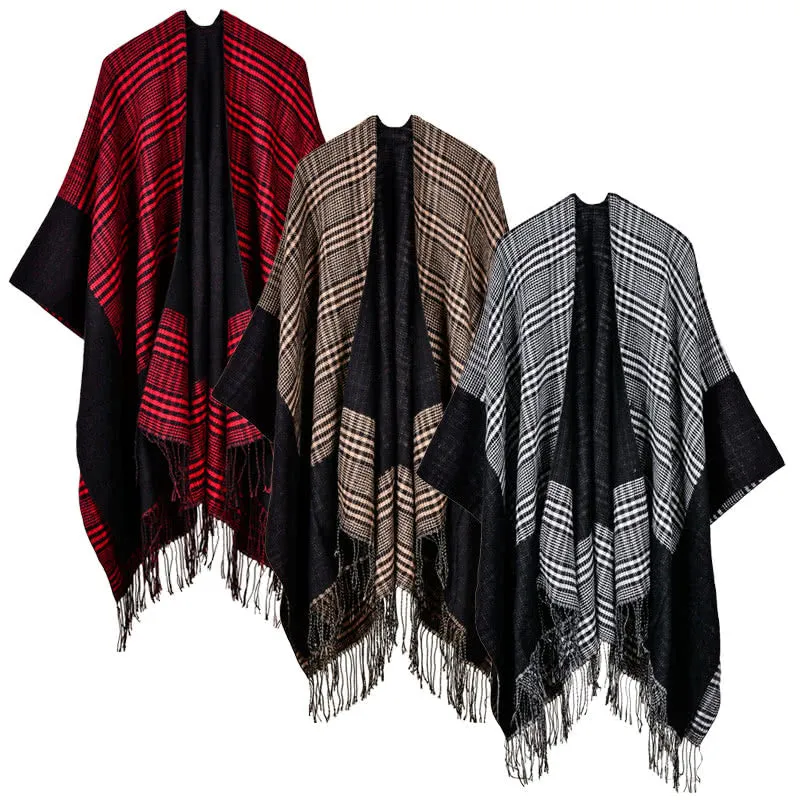 Vintage Women Knitted Shawl Poncho Faux Cashmere Plaid Check Tassel Oversized Warm Long Winter Cape