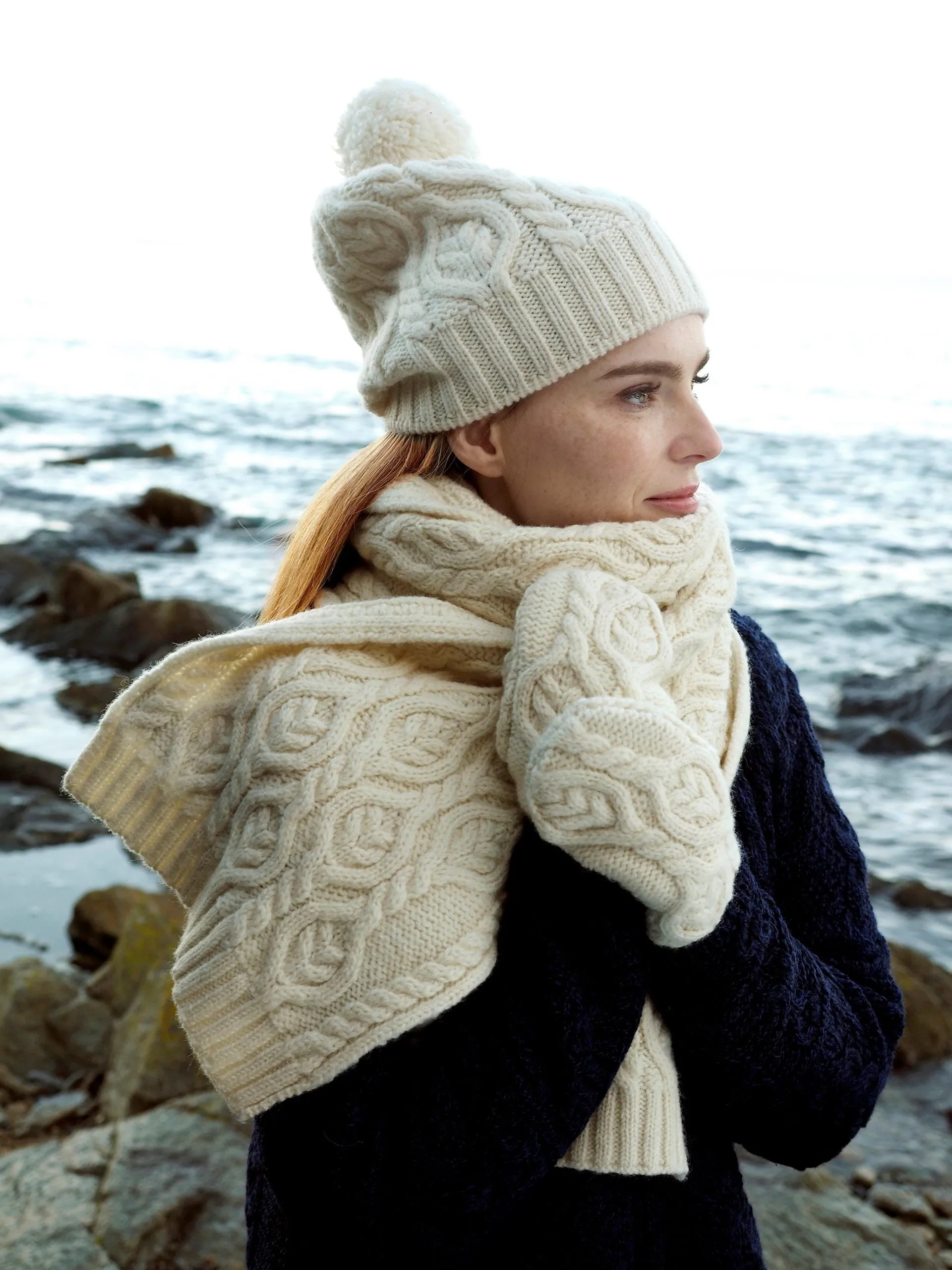 West End Knitwear | Leaf Design | Aran Cable Mittens | Women's