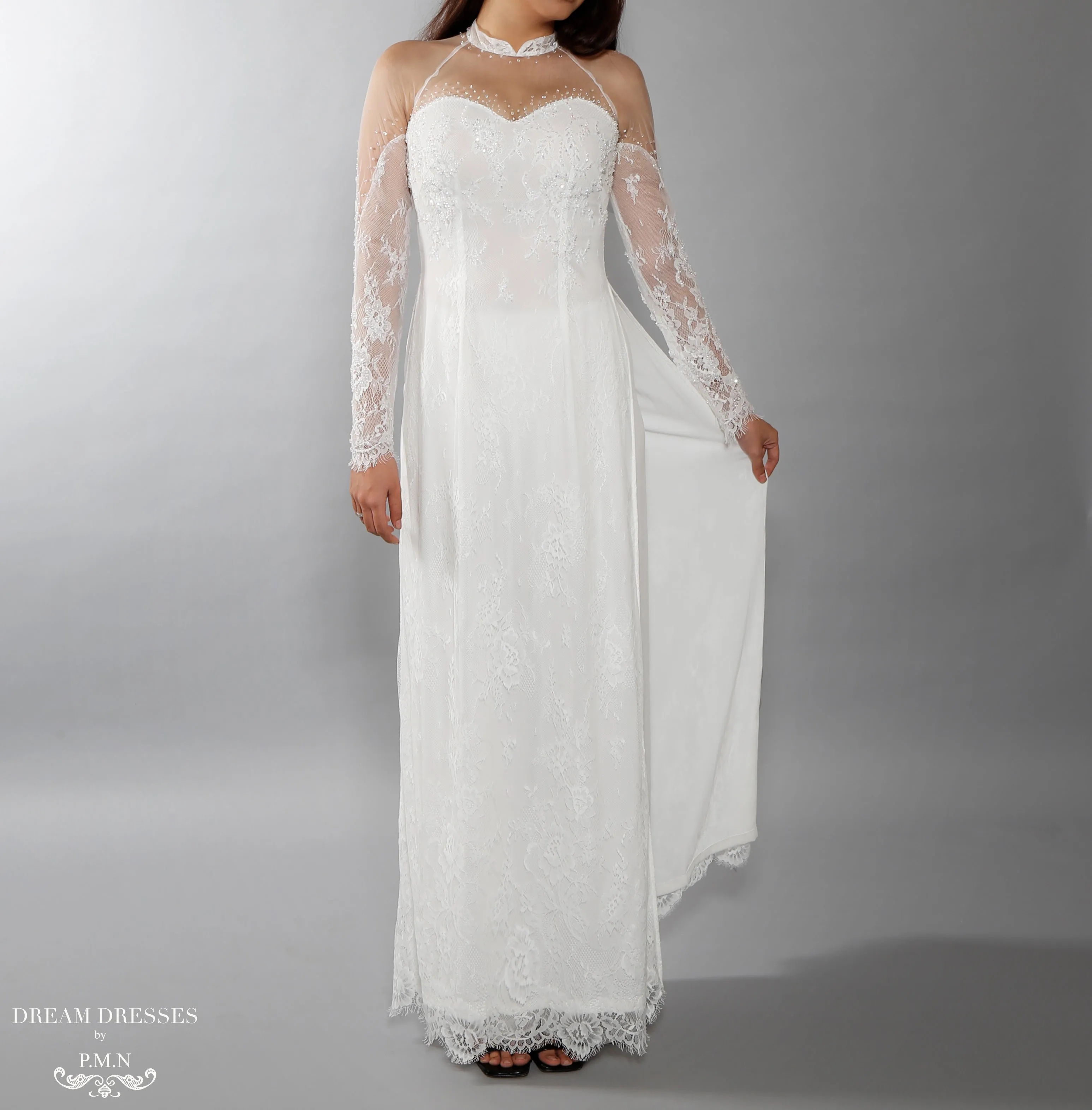 White Bridal Ao Dai | Vietnamese Lace Bridal Dress (#ISABELLE)