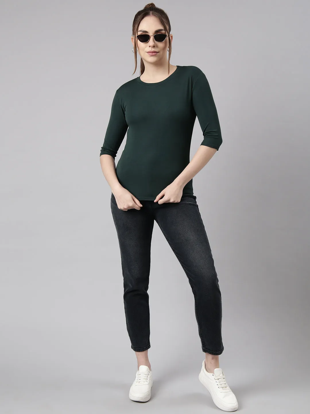 Women Green Solid Fitted Top