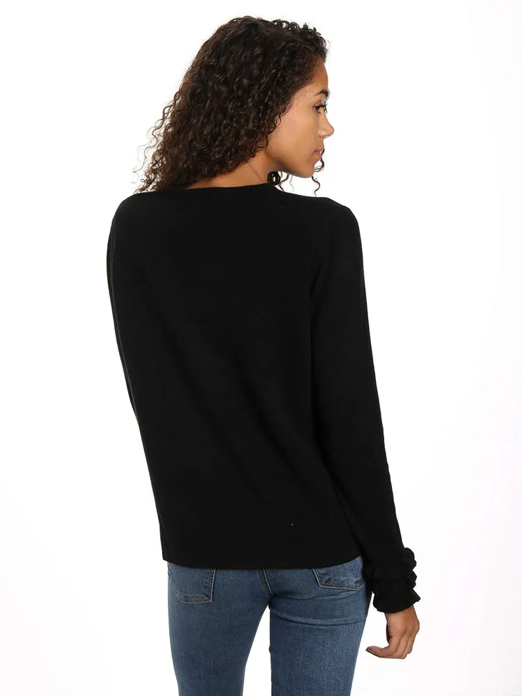 Women's 100% Cashmere Crew Neck Sweater with Ruffle Sleeve