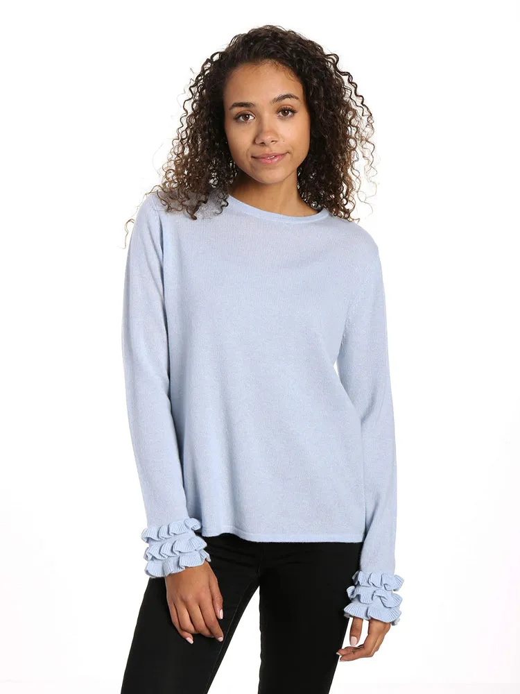 Women's 100% Cashmere Crew Neck Sweater with Ruffle Sleeve