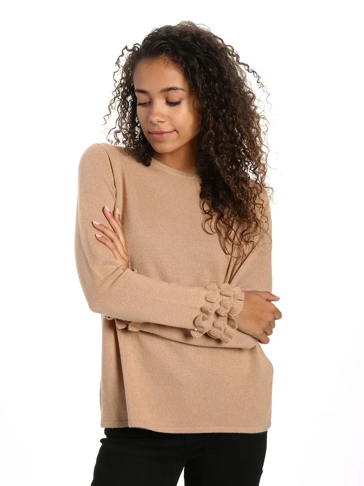 Women's 100% Cashmere Crew Neck Sweater with Ruffle Sleeve