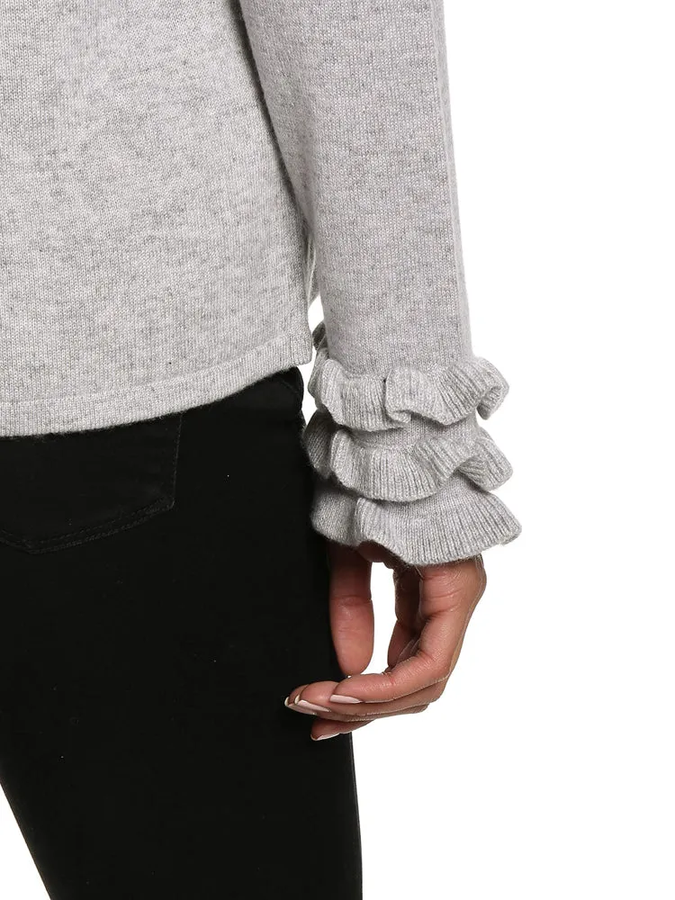 Women's 100% Cashmere Crew Neck Sweater with Ruffle Sleeve