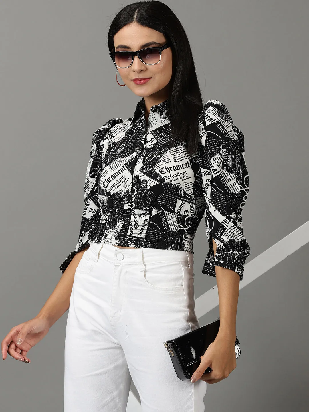 Women's Black Printed Shirt Style Crop Top