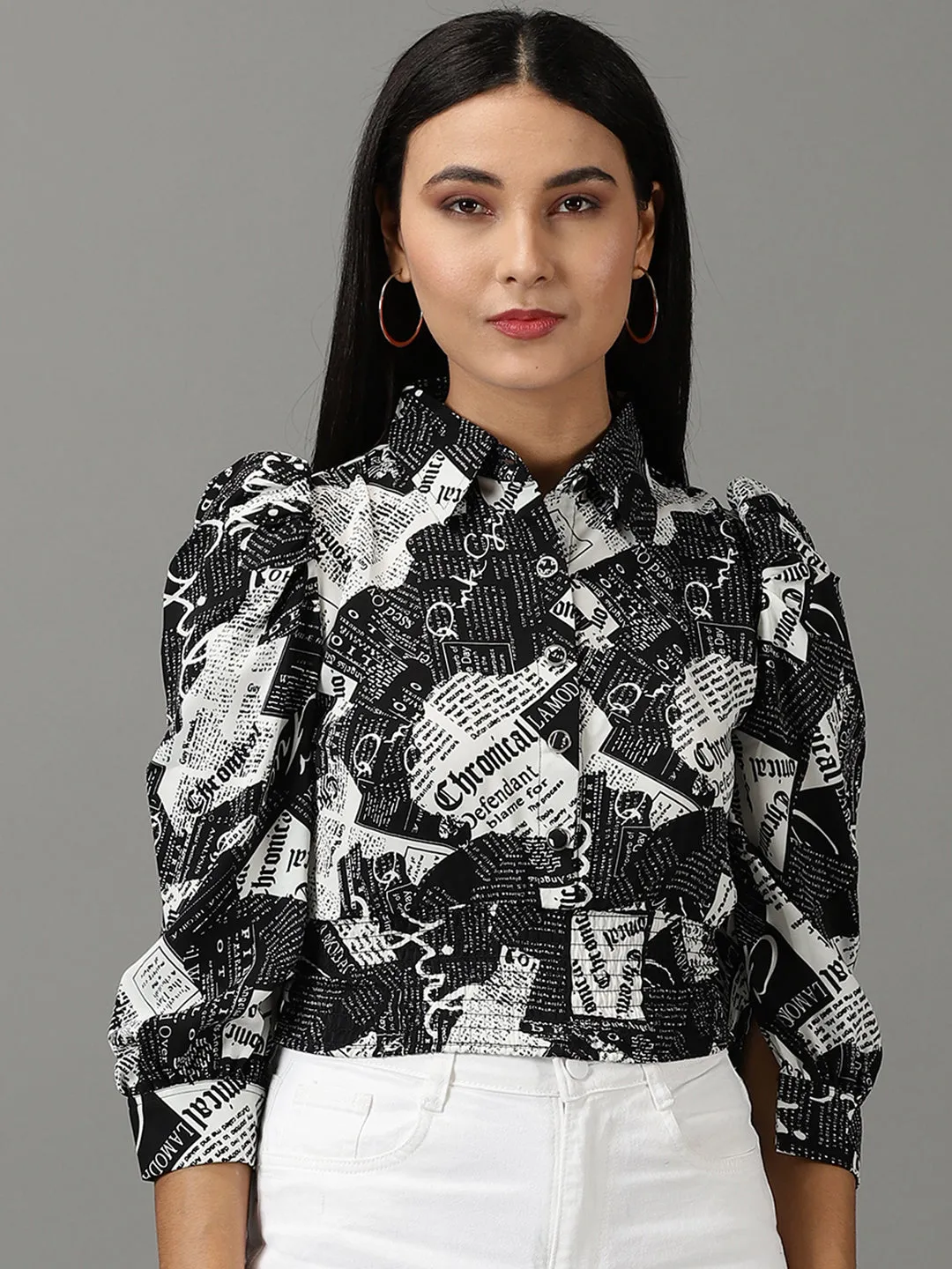 Women's Black Printed Shirt Style Crop Top