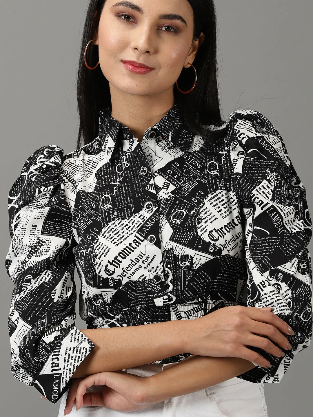 Women's Black Printed Shirt Style Crop Top