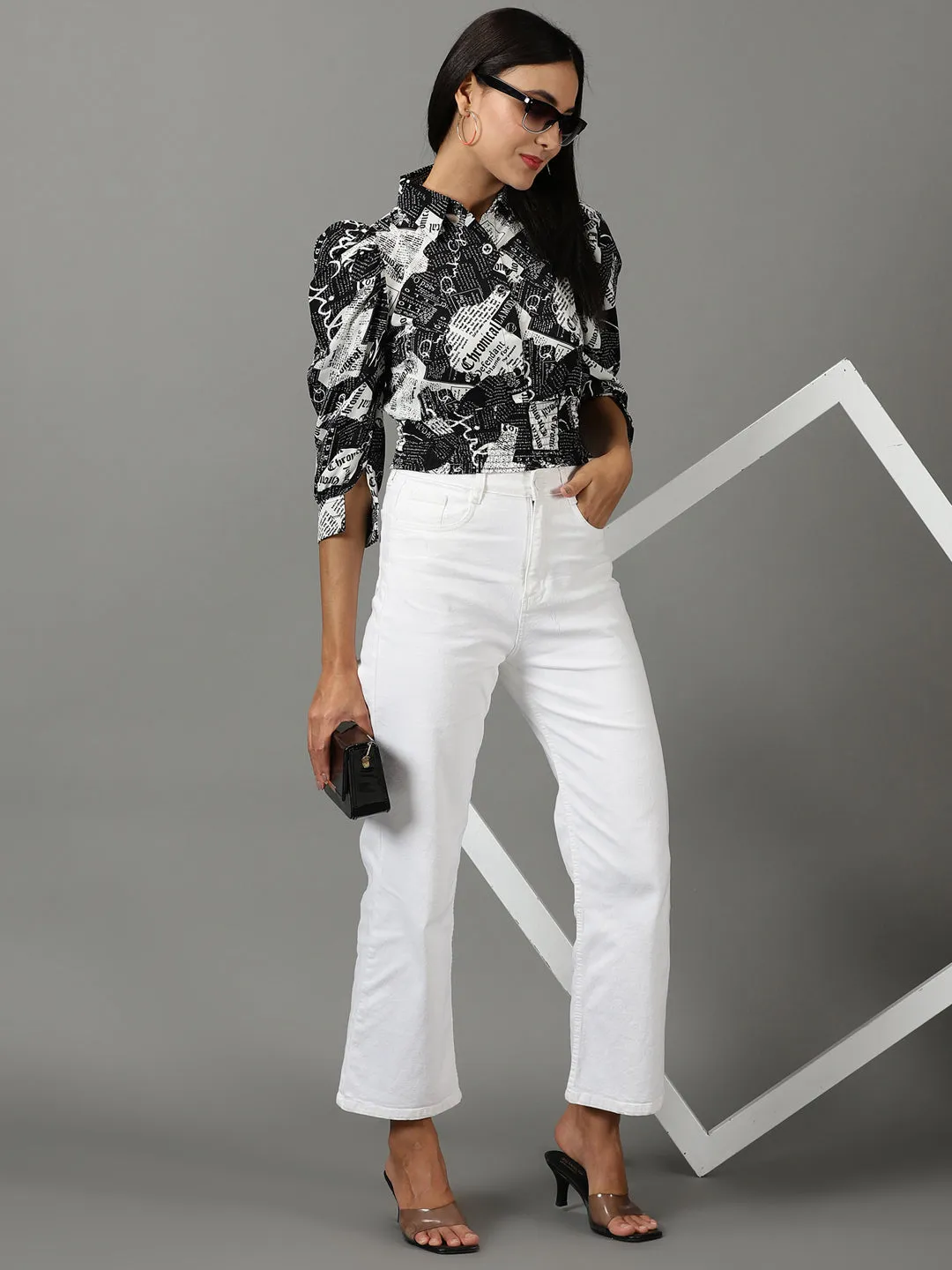 Women's Black Printed Shirt Style Crop Top