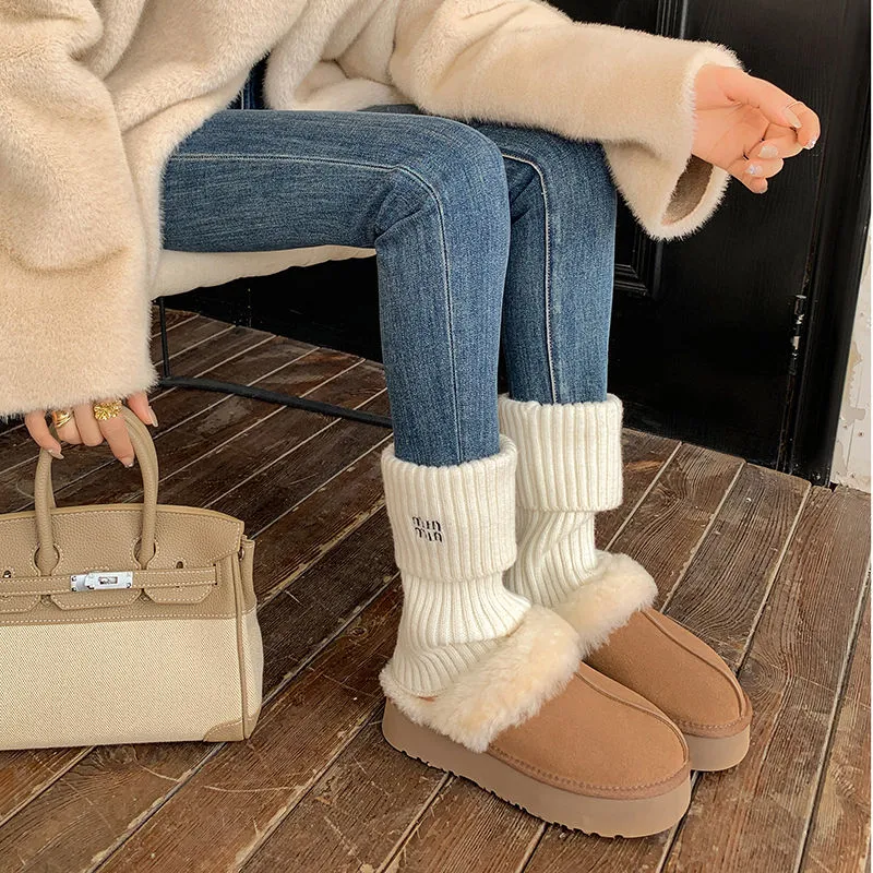 Womens Genuine Suede Leather Wool Fluffy Winter Mules