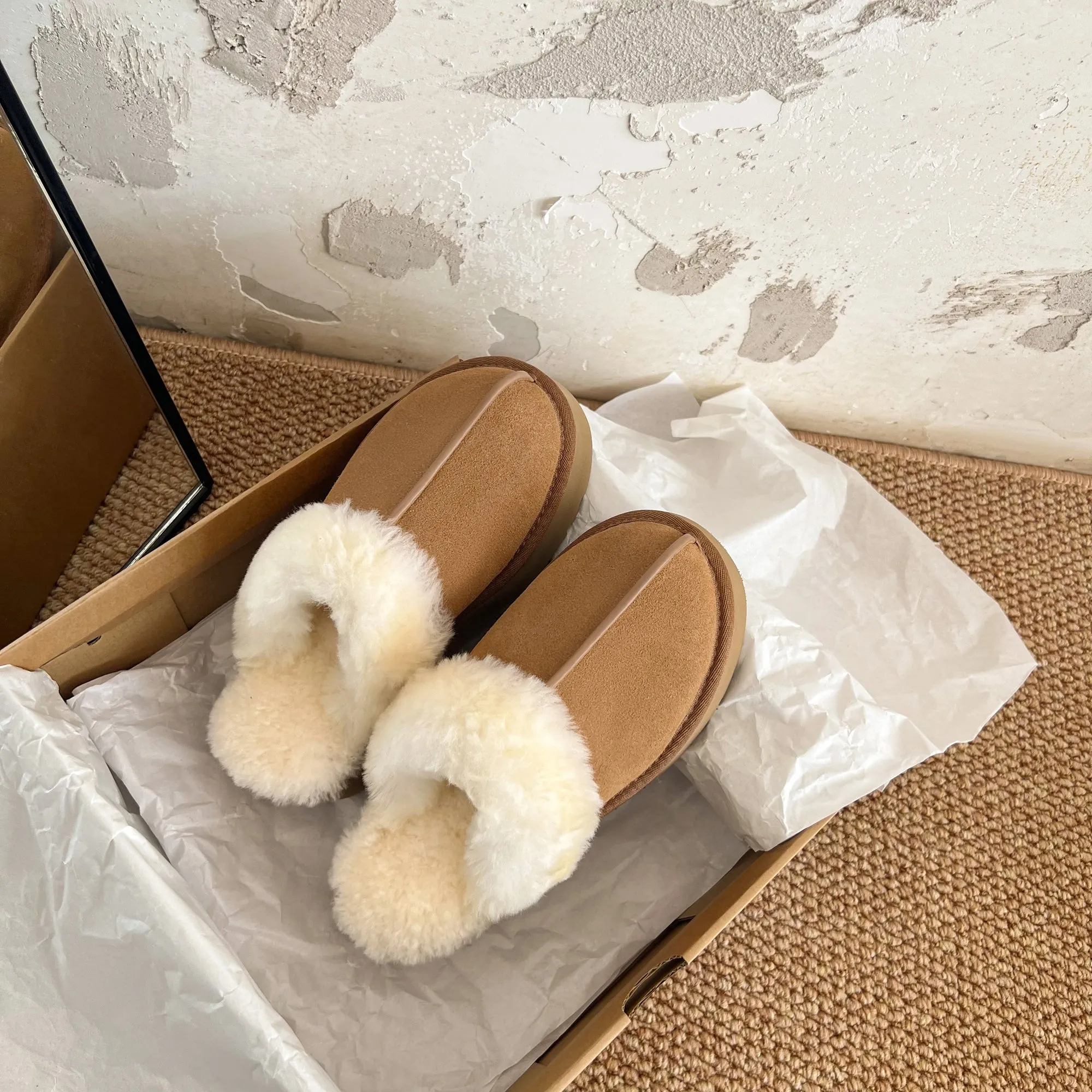 Womens Genuine Suede Leather Wool Fluffy Winter Mules