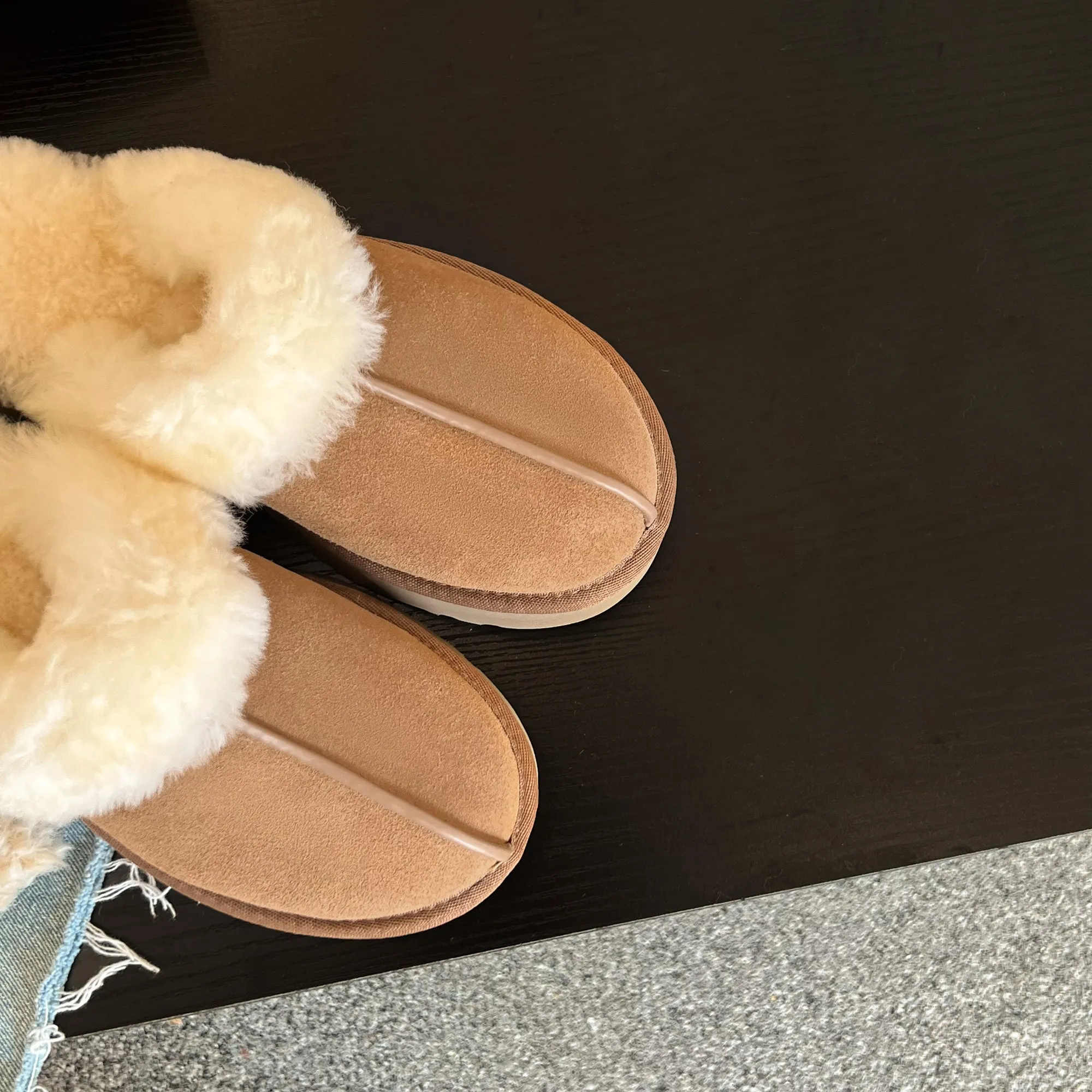 Womens Genuine Suede Leather Wool Fluffy Winter Mules