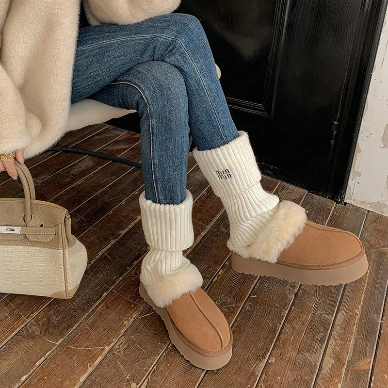 Womens Genuine Suede Leather Wool Fluffy Winter Mules