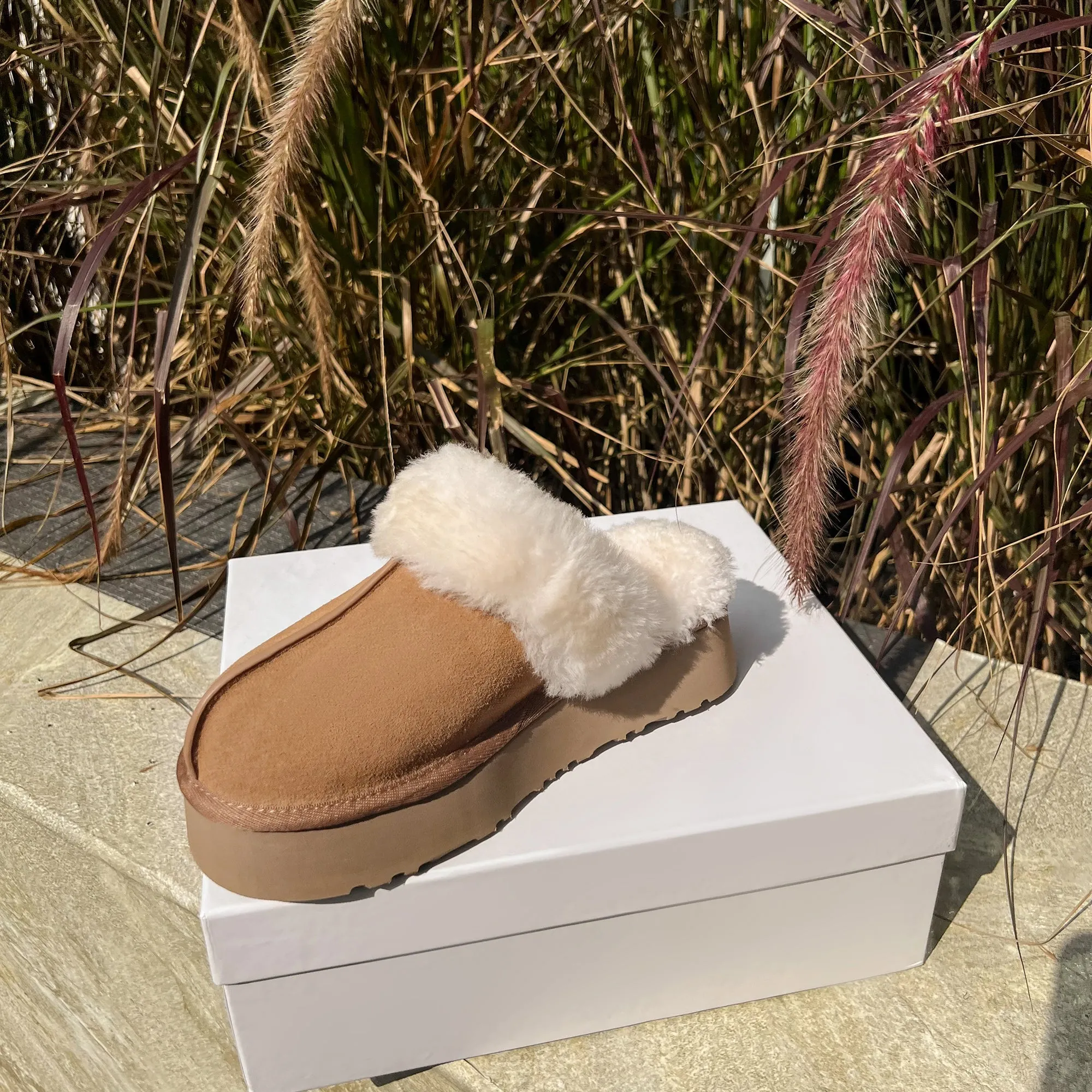 Womens Genuine Suede Leather Wool Fluffy Winter Mules