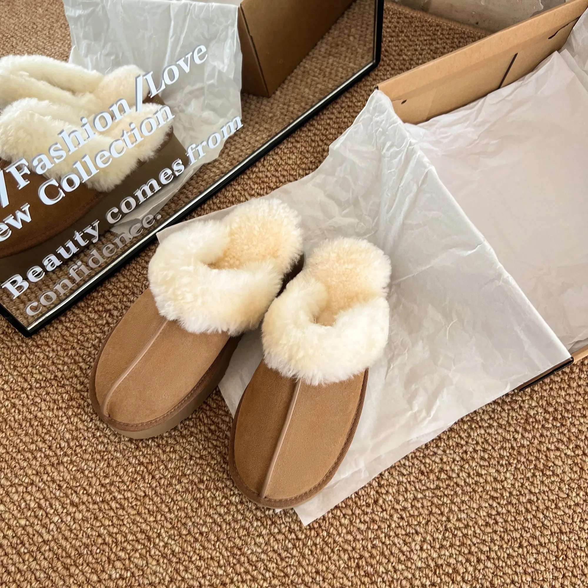 Womens Genuine Suede Leather Wool Fluffy Winter Mules