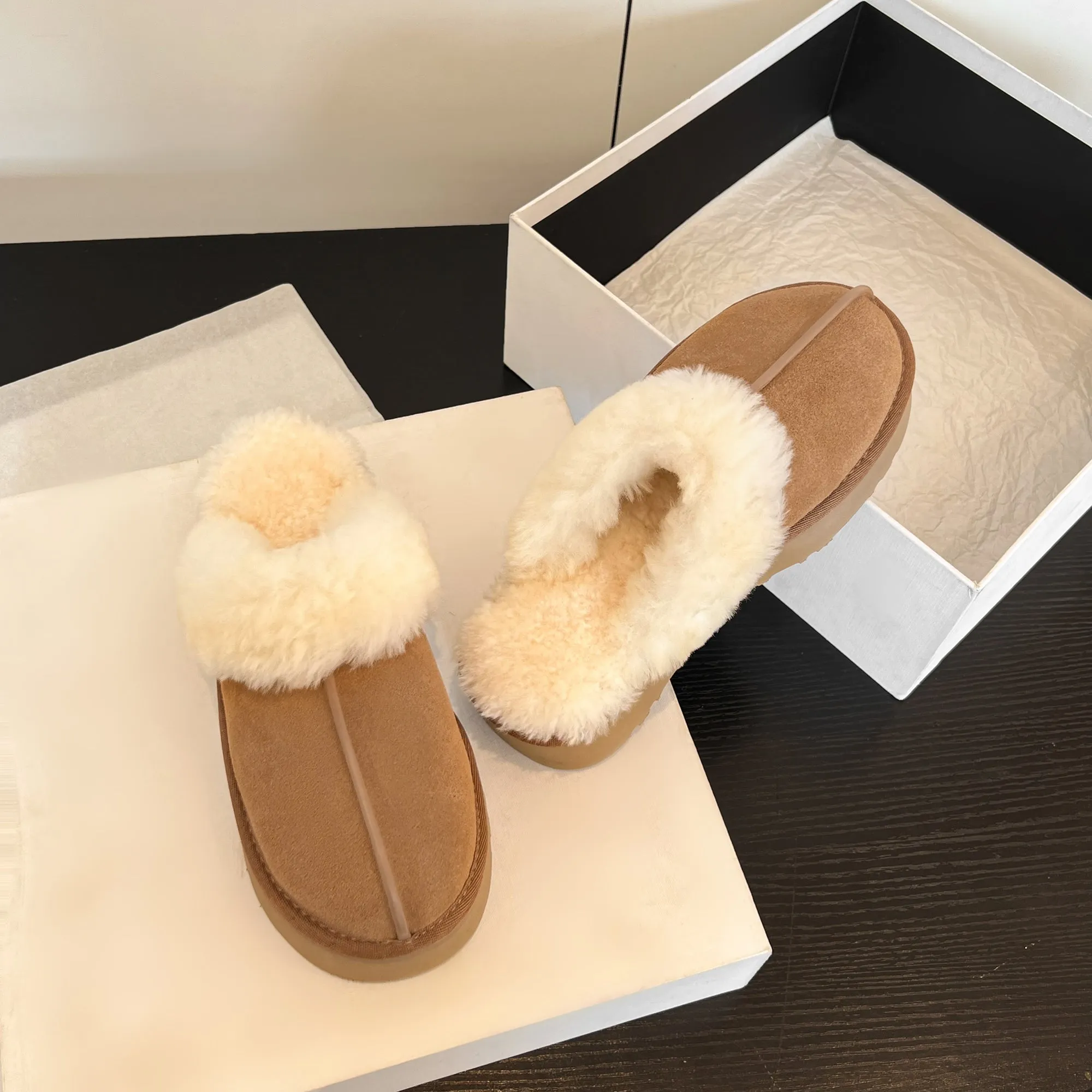 Womens Genuine Suede Leather Wool Fluffy Winter Mules