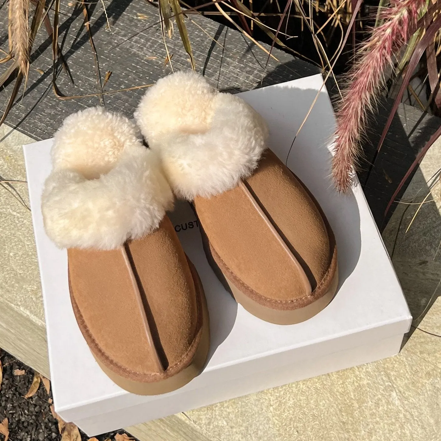 Womens Genuine Suede Leather Wool Fluffy Winter Mules